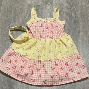 btween Pink and Yellow Cherry Print Kids Dress with Headband